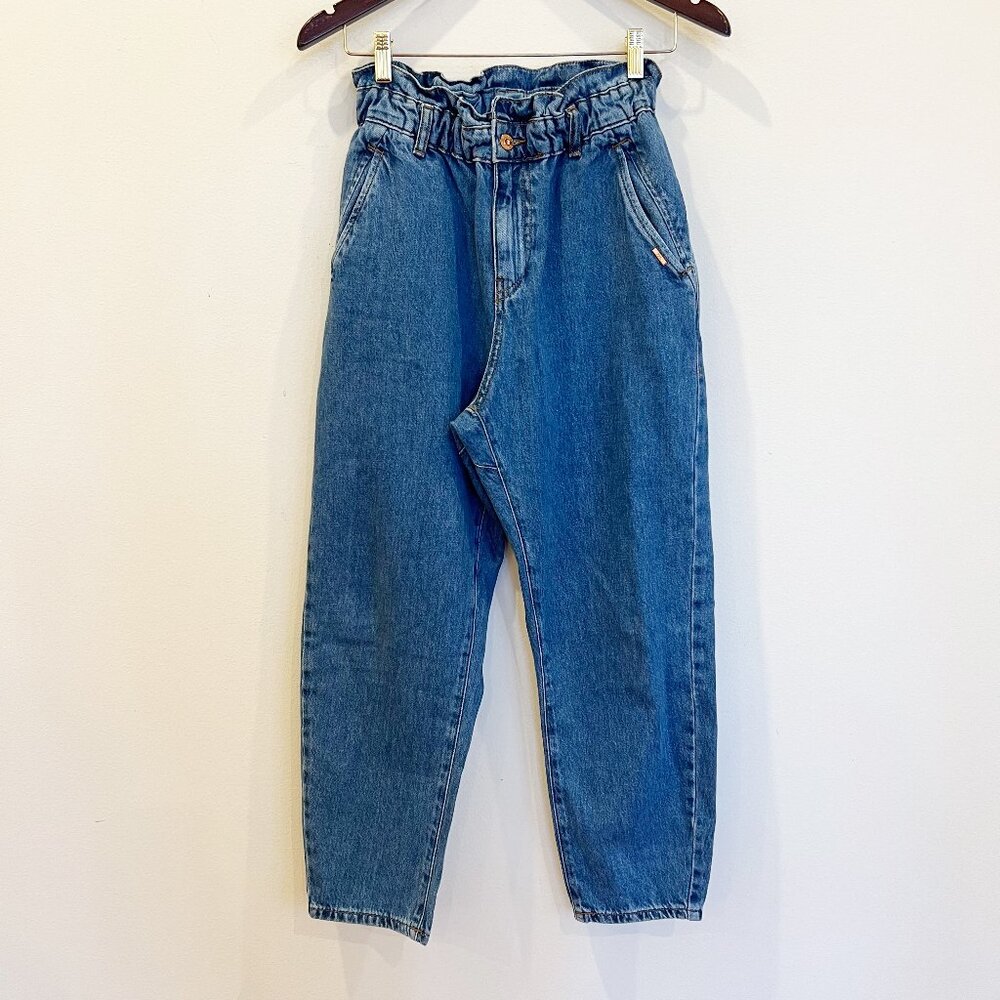 Zara Jeans Womens 4 Blue Cotton Paperbag Baggy Cropped High Waist Relaxed Barrel
